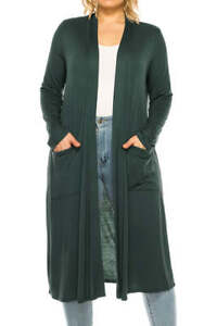 Solid Duster Cardigan Plus Size Loose Fit Open Front Long Sleeves Side Pockets