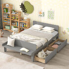 Full Size Bed Frame Wood Platform Bed Frame with Footboard Bench & 2 Drawers