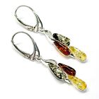 925 Solid Sterling Silver Multicolor Baltic Amber Drop Style Leverback Earrings