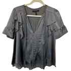 BCBG MaxAzria 100% Silk Short Sleeve Tie Neck Babydoll Blouse Gray Women's Small
