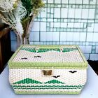 Vintage Wicker Sewing Basket Green Satin Lined Double Layer Tufted Pin Cushion