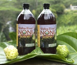 100% HAWAIIAN WAILUA RIVER NONI JUICE Certified Organic: Two Glass 32 oz Bottles