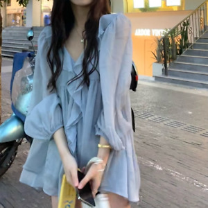 Sweet Elegant Chiffon Blouse Women Blue Casual Korean Fashion  Female Ruffle