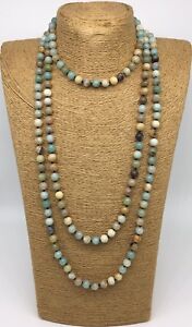 Fashion semi precious stone 36inch long knot Amazonite Stones Necklace woman