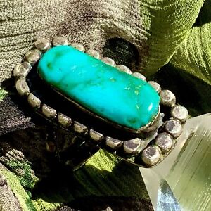 1930s Mens Old Navajo Pawn Silver Blue Natural Royston Turquoise LONG HEAVY Ring