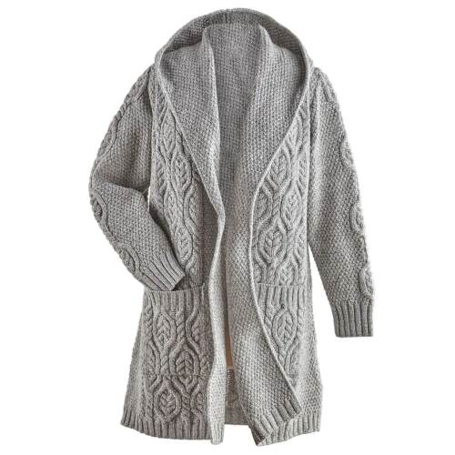 HOGAN Womens Irish Cardigan Sweater Merino Wool Open Front Long Sweater, Gray
