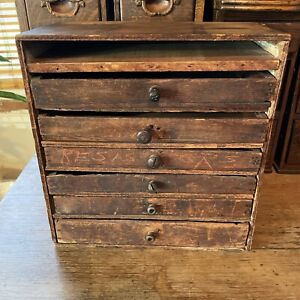 Vintage Handmade Wooden Primitive Tool Box Chest 6 Drawers Small