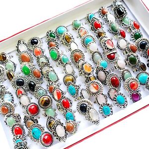 Bulk Lots 20pcs Natural Stone Crystal Vintage Rings Women Antique Silver Jewelry