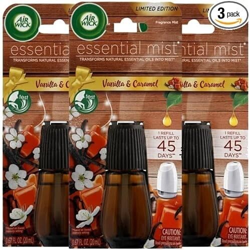 Air Wick Essential Mist Diffuser Oil Refills, Vanilla and Caramel (PACK OF 3)