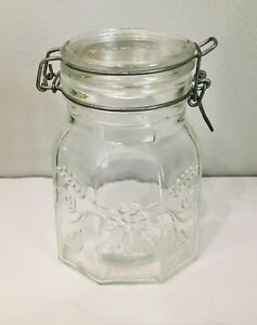 Hermetic Clear Glass  Jar With Hinged Slanted Lid With Flowers Made in Italy Vtg