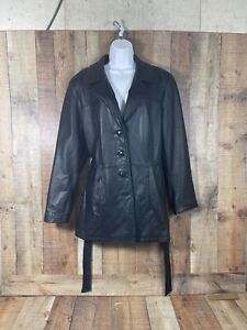 Jacqueline Ferrar Black Leather  Mid Length Trench Coat Womens Large
