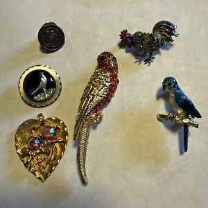Lot Of Six BIRD Brooches Pins Pendant Vintage Chicken Parrot Lovebirds