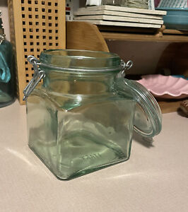Hermetic Green Aqua Tint Storage Jar Italian Glass Jar 6” Tall Made in Italy VTG