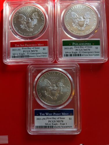 New Listing2021 Silver American Eagles MS70 - 1 each W, S & P mints