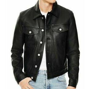 Men Soft Genuine Leather Trucker Jacket Levi's Style Vintage Sheepskin Jacket