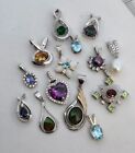 Lot of 14 Sterling Silver Pendants All with Gems Opal Ammolite CZs Pearls
