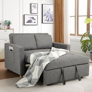 3-in-1 Convertible Sofa Bed Pull Out Couch Bed, 2-Seater Linen Fabric Loveseat✔️