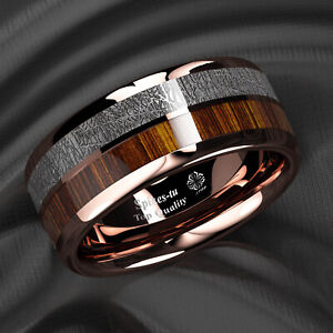 8/6mm Rose Gold Plated Metal Tungsten Ring Koa Wood Inlay ATOP Men Jewelry