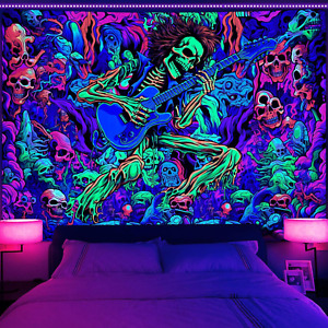 Blacklight Skull Tapestry UV Reactive Hippie Skeleton Rock and Roll Tapestry Abs