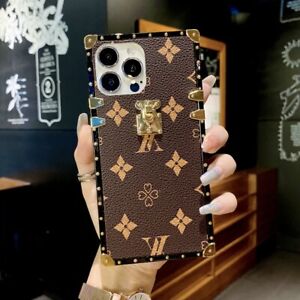 For iPhone 15 Pro Max 14 13 12 11 XS XR Retro Classic Leather Square Case Cover