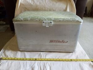 Vintage Wards Western Field Metal Cooler Ice Chest 1950s W/ CUSHION SEAT.