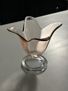 Vintage jM Hand Made Glass Tulip Vase Made In Portugal Pink And Clear Glass