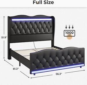 Full/Queen/King LED Bed Frame Upholstered Platform Bed with Wingback Headboard