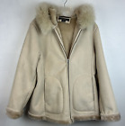 1 MADISON Sz L Women Faux Suede & Fur Lined Beige Winter Coat Jacket Hooded Read