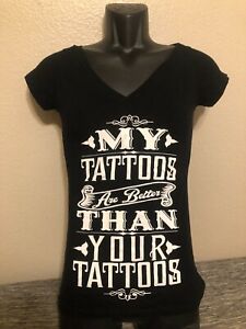 MY TATTOOS ARE BETTER Womens SOFT BLACK V-NECK OPEN-BACK T-SHIRT - SIZE SMALL