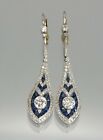 Vintage Art Deco Style Sapphire & Diamond Drop Dangle Milgrain Silver Earrings