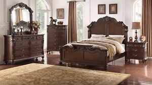 Traditional Floral Accent 4pc Bedroom Est King Size Bed Set Dresser Mirror NS