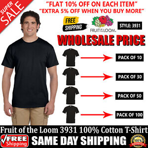 PACK OF 10, 30, 50, 100 - FRUIT OF THE LOOM Adult Wholesale Blank T-Shirt - 3931