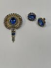 Vintage Scitarelli Set Blue and Clear Rhinestones Earrings Pendant/Brooch Signed