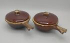 2 Vintage HULL Covered Soup Bowl w/Handles Oven Proof Drip Glazed USA