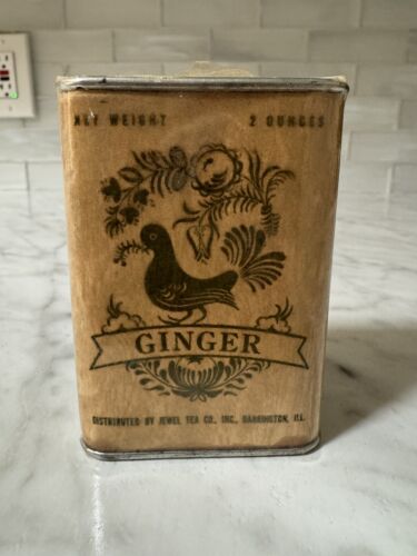 Vintage JEWEL TEA Co. Partridge Bird GINGER spice tin W/ paper Label FULL