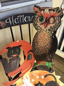 Vintage Halloween Diecuts~H E Luhrs Fun Lot!cardboard Winking Owl & Cat~Moon!