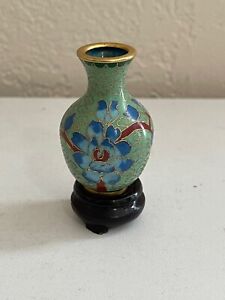 Chinese Miniature Green Cloisonne Vase w/ Blue Flowers on Wood Stand