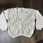 Women's Cardigan Sweater Neutral Cream Granny VTG Button Cable Knit Chunky