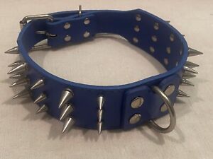 Royal Blue Vegan Faux Leather Heavy Studded Spiked Dog Collar Large Medium