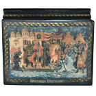 Russian Lacquer Box Palekh Finely Detailed Bogatyrs with Alexander Nevsky