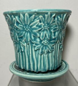 Vintage McCoy Planter Flower Pot Daisy Pottery Aqua 4”x4”