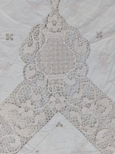 antique beautiful linen lace tablecloth embroided floral awesome work item 08