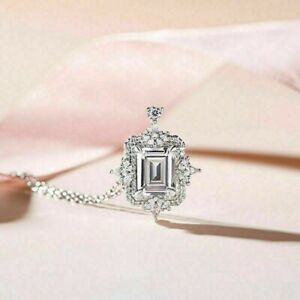 4.10CT Emerald Cut VVS1/D Diamond Vintage Pendant Necklace 14k White Gold Finish