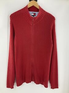 Tommy Hilfiger Red Ribbed Thick Knit Zip Up Cardigan Mens Uk M Vg #T7