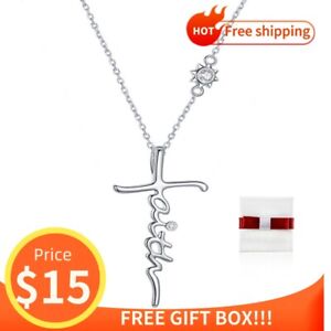 Bisaer Genuine 925 Sterling Silver Cross faith Pendant Necklace Chain For Women