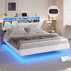 Floating Bed Frame with Led Lights Upholstered Platform Hidden Storage Headboard