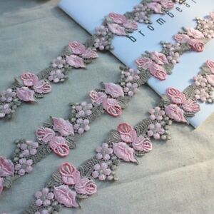 2Yards Pink Venice Lace Trim Flowers Lace Fabric Sewing Dress Cloth DIY Craft