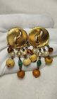 Vintage Signed Craft Gold Drop Dangle Beaded Clip on Earrings