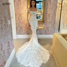Square Collar Lace Mermaid Bridal Gowns White Dot Long Sleeves Bodycon Beach
