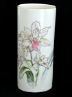 New ListingOrchid on White Porcelain Oval Cylinder Gold Trimmed Rim Japanese Vase Signed